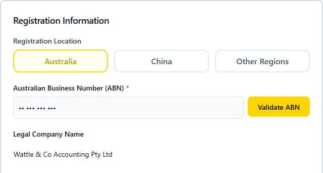 QX Web Add Company registration form showing Australia selected, a masked ABN and the fictional company Wattle & Co Accounting Pty Ltd.