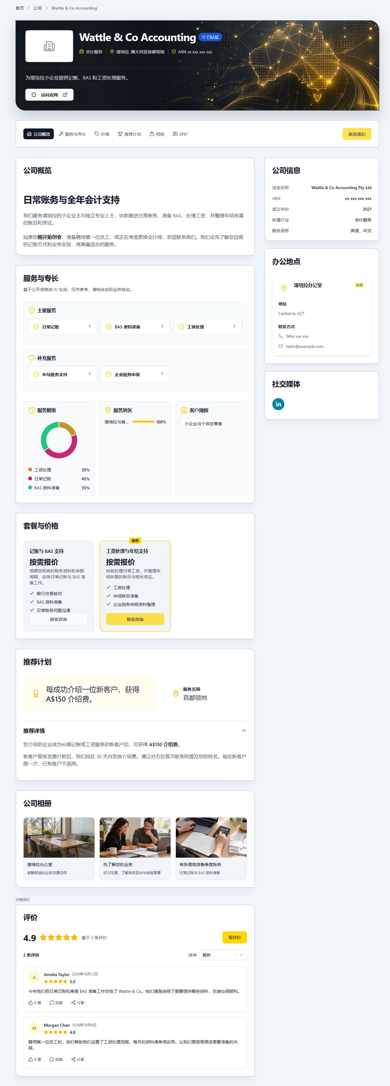 QX Web 企业主页真实界面,使用虚构会计事务所案例展示服务、价格、A$150 介绍费、三张图库图片与两条明确标记的示例评价。